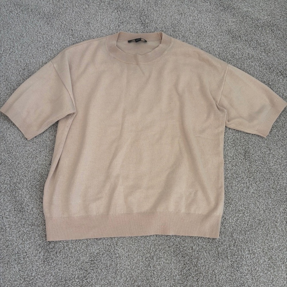 Ann Taylor Silk Blend Sweater Top Womens S Beige Short Sleeve Crewneck Office